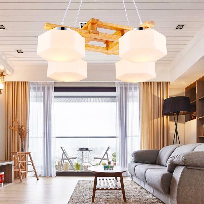 Lampada a sospensione moderna nordica in legno chiaro con paralume in vetro 64 x 64 x 46 cm