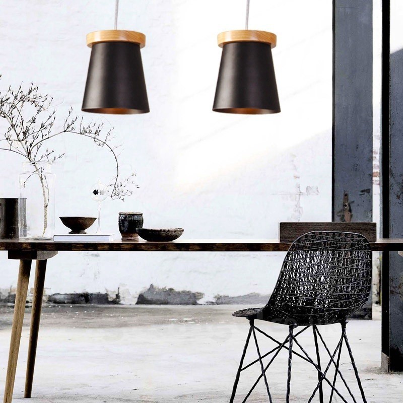 1 lampada a sospensione moderna nordica in legno chiaro con paralume in ferro 13x15 cm