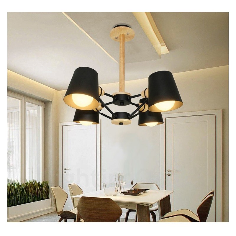 Lampada a sospensione nordica contemporanea in legno chiaro e paralume in ferro 48 x 59 cm