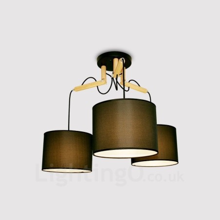 Lampada a sospensione contemporanea in legno a 3 luci con paralume in tessuto 72 x 42 cm