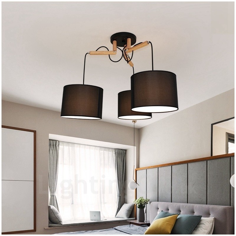 Lampada a sospensione contemporanea in legno a 3 luci con paralume in tessuto 72 x 42 cm