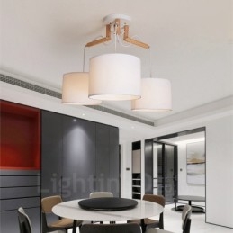 Lampada a sospensione contemporanea in legno a 3 luci con paralume in tessuto 72 x 42 cm
