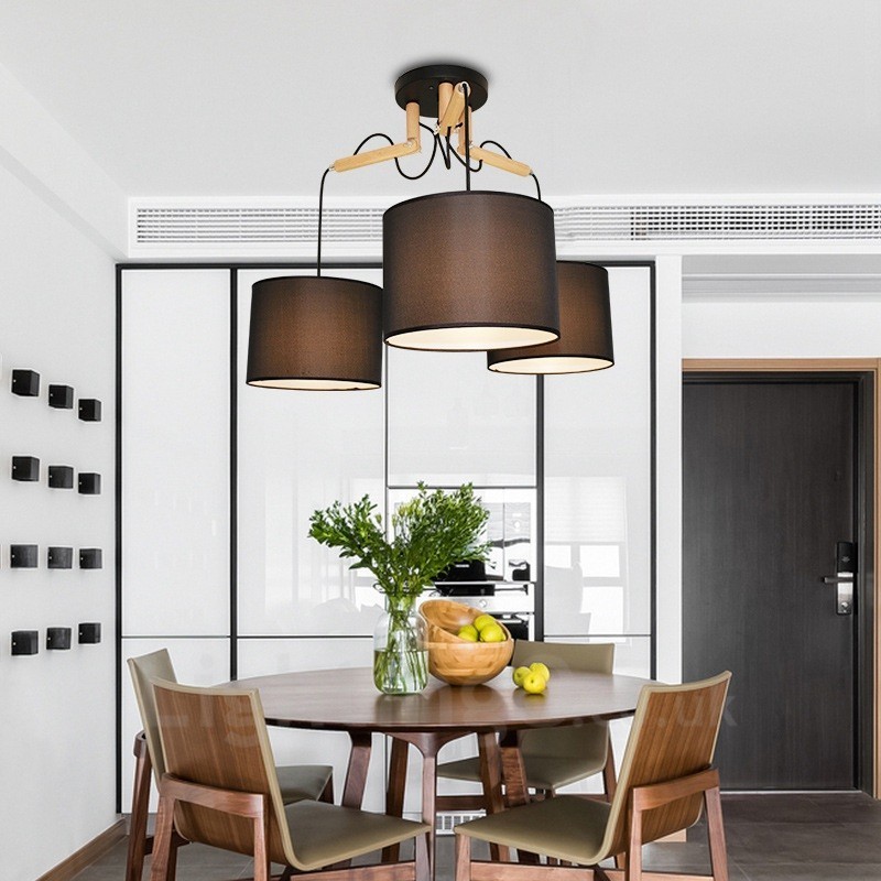 Lampada a sospensione contemporanea in legno a 3 luci con paralume in tessuto 72 x 42 cm