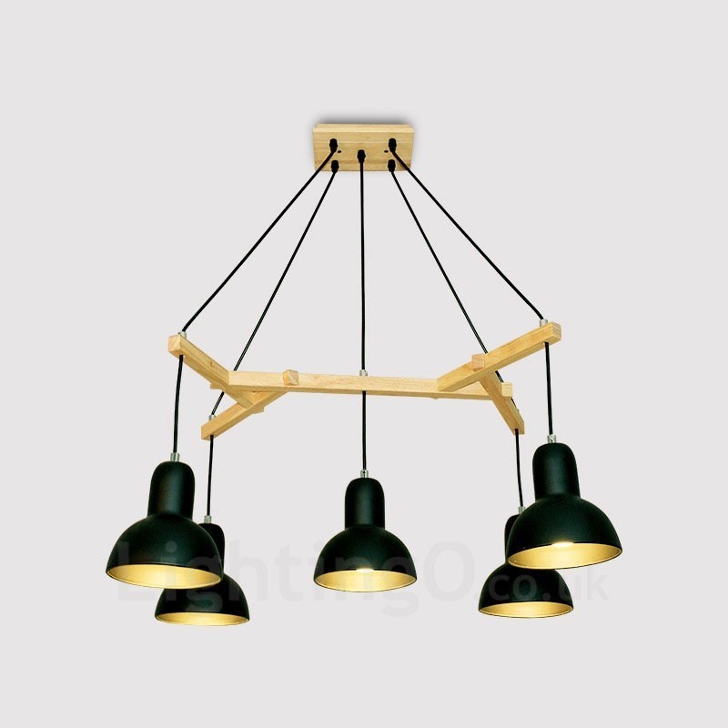 Lampada a sospensione moderna in legno a 5 luci con paralume in ferro 64 x 61 cm