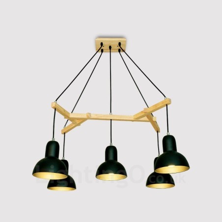 Lampada a sospensione moderna in legno a 5 luci con paralume in ferro 64 x 61 cm