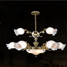 Lampadario classico vintage rétro in metallo bronzo, 2 livelli, paralume in vetro bianco