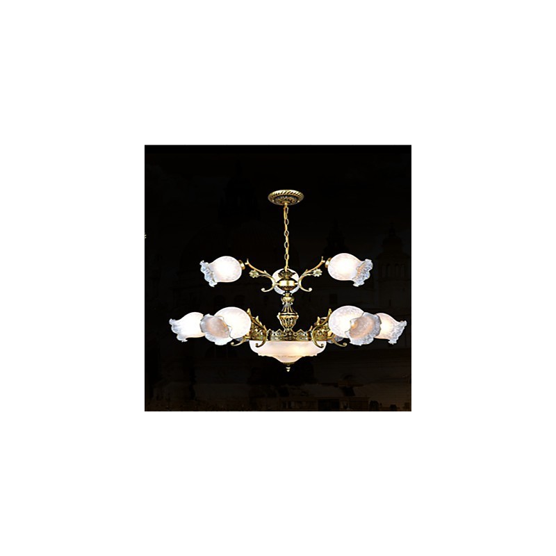 Lampadario classico vintage rétro in metallo bronzo, 2 livelli, paralume in vetro bianco
