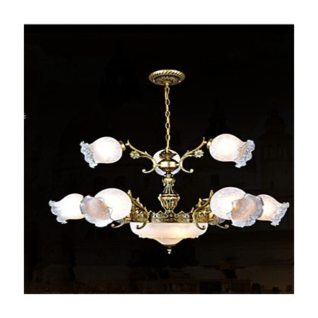 Lampadario classico vintage rétro in metallo bronzo, 2 livelli, paralume in vetro bianco