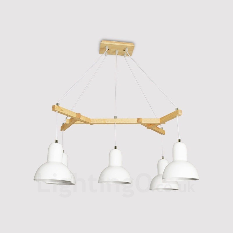 Lampada a sospensione moderna in legno a 5 luci con paralume in ferro 64 x 61 cm