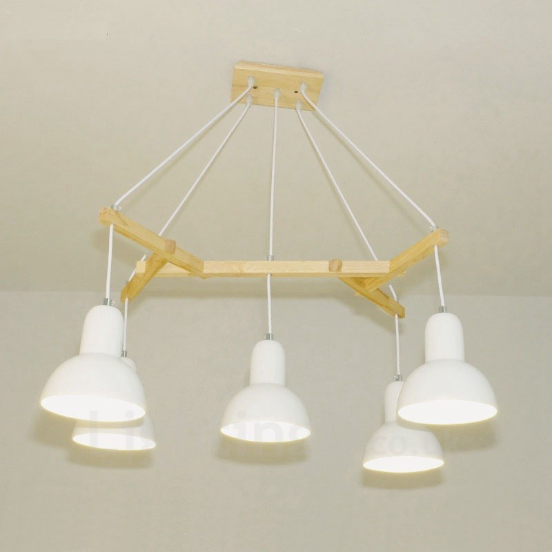 Lampada a sospensione moderna in legno a 5 luci con paralume in ferro 64 x 61 cm