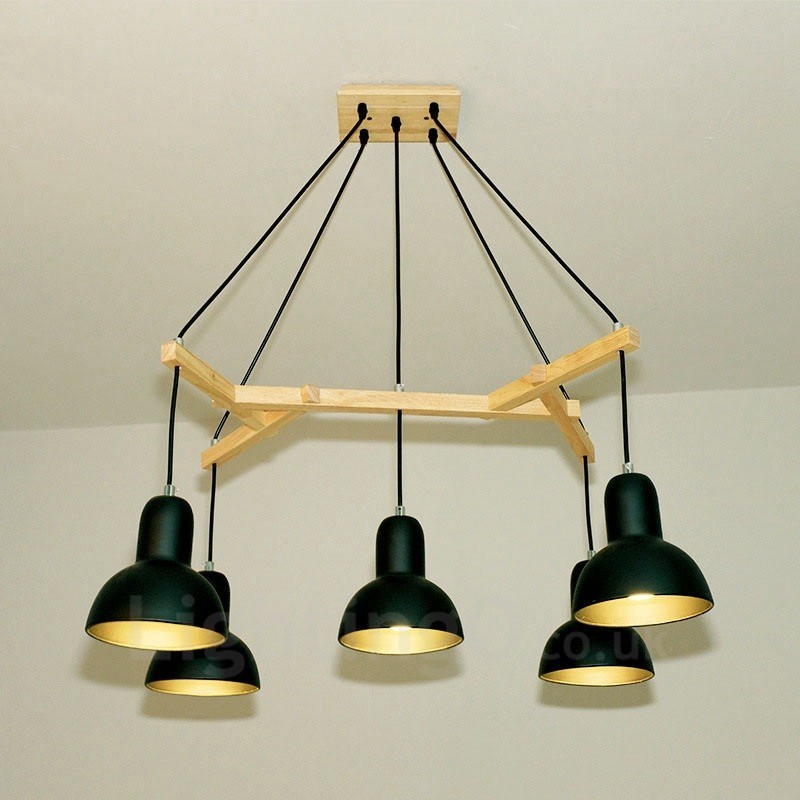 Lampada a sospensione moderna in legno a 5 luci con paralume in ferro 64 x 61 cm