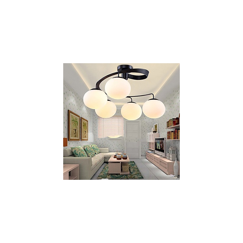 Lampada a sospensione moderna contemporanea in metallo bianco e vetro bianco, 5 luci E26/E27