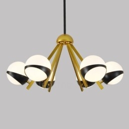 Lampadario nordico moderno e contemporaneo a 6 luci con paralumi in vetro sferici bianco e nero 75x40 cm
