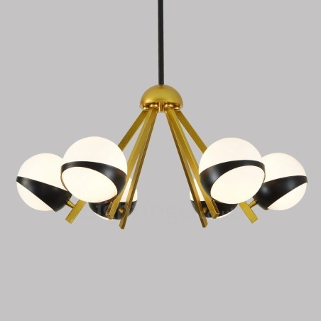 Lampadario nordico moderno e contemporaneo a 6 luci con paralumi in vetro sferici bianco e nero 75x40 cm