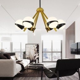 Lampadario nordico moderno e contemporaneo a 6 luci con paralumi in vetro sferici bianco e nero 75x40 cm