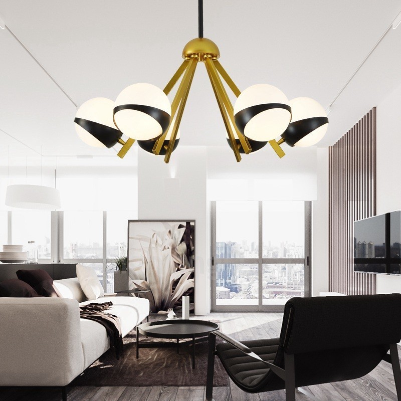 Lampadario nordico moderno e contemporaneo a 6 luci con paralumi in vetro sferici bianco e nero 75x40 cm