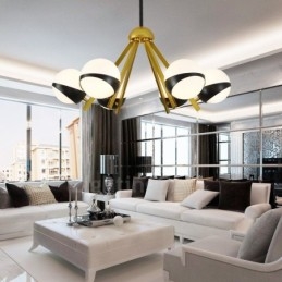 Lampadario nordico moderno e contemporaneo a 6 luci con paralumi in vetro sferici bianco e nero 75x40 cm