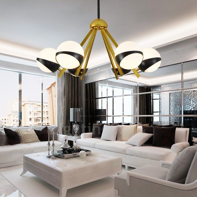 Lampadario nordico moderno e contemporaneo a 6 luci con paralumi in vetro sferici bianco e nero 75x40 cm