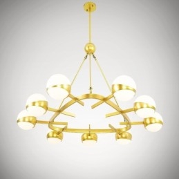Lampadario moderno contemporaneo a 9 luci placcato rame con paralumi in vetro sferici bianco e oro 110x80 cm
