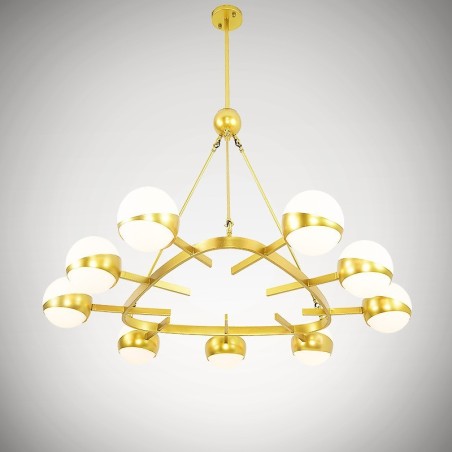 Lampadario moderno contemporaneo a 9 luci placcato rame con paralumi in vetro sferici bianco e oro 110x80 cm