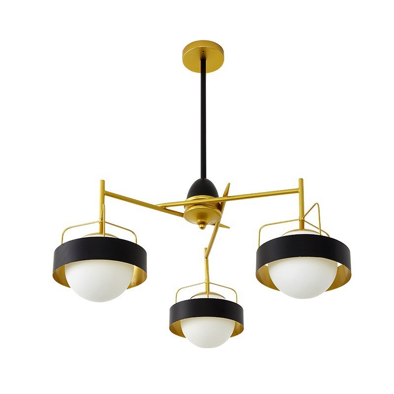 Lampadario moderno contemporaneo a 3 luci in rame con paralumi in vetro a sfera bianco e nero