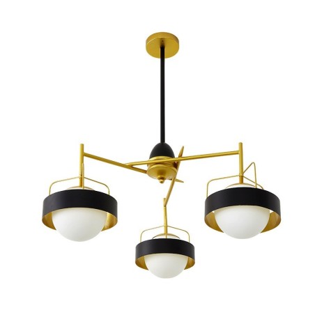 Lampadario moderno contemporaneo a 3 luci in rame con paralumi in vetro a sfera bianco e nero