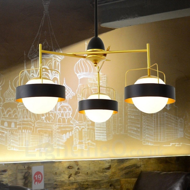 Lampadario moderno contemporaneo a 3 luci in rame con paralumi in vetro a sfera bianco e nero