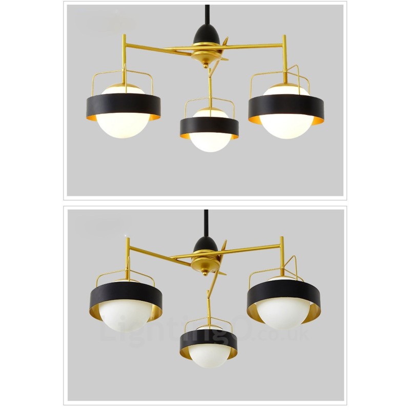 Lampadario moderno contemporaneo a 3 luci in rame con paralumi in vetro a sfera bianco e nero