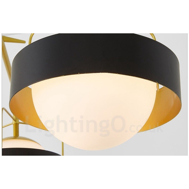 Lampadario moderno contemporaneo a 3 luci in rame con paralumi in vetro a sfera bianco e nero