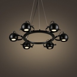 Lampada a sospensione vintage retrò in ferro nero 6 luci con paralumi a sfera in ferro nero 65x100 cm