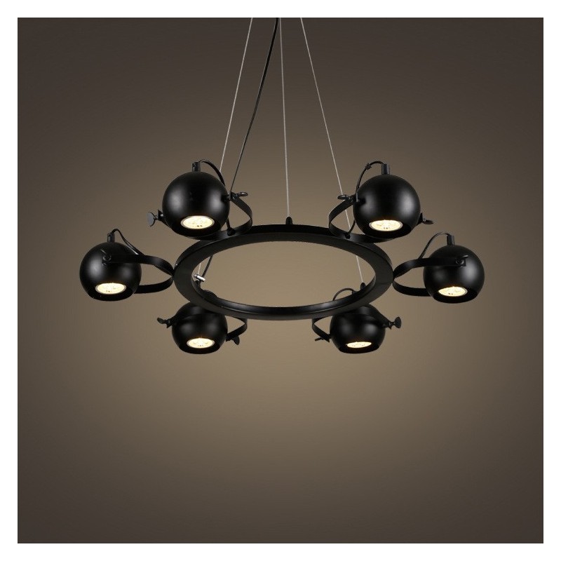 Lampada a sospensione vintage retrò in ferro nero 6 luci con paralumi a sfera in ferro nero 65x100 cm