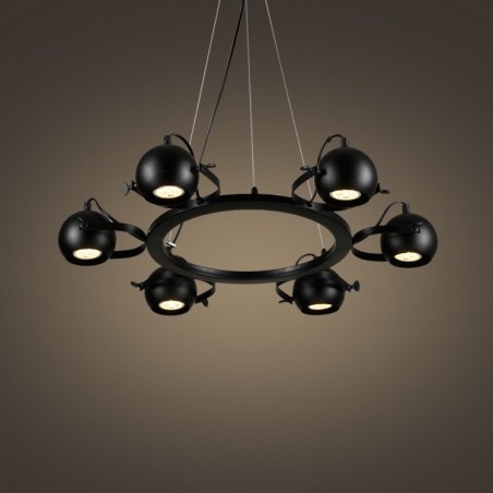 Lampada a sospensione vintage retrò in ferro nero 6 luci con paralumi a sfera in ferro nero 65x100 cm