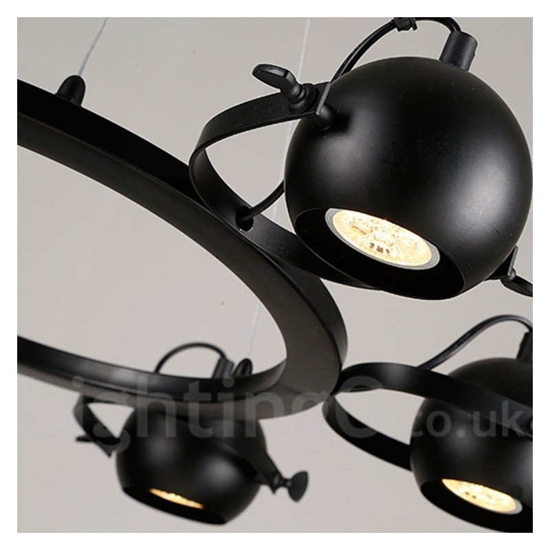 Lampada a sospensione vintage retrò in ferro nero 6 luci con paralumi a sfera in ferro nero 65x100 cm