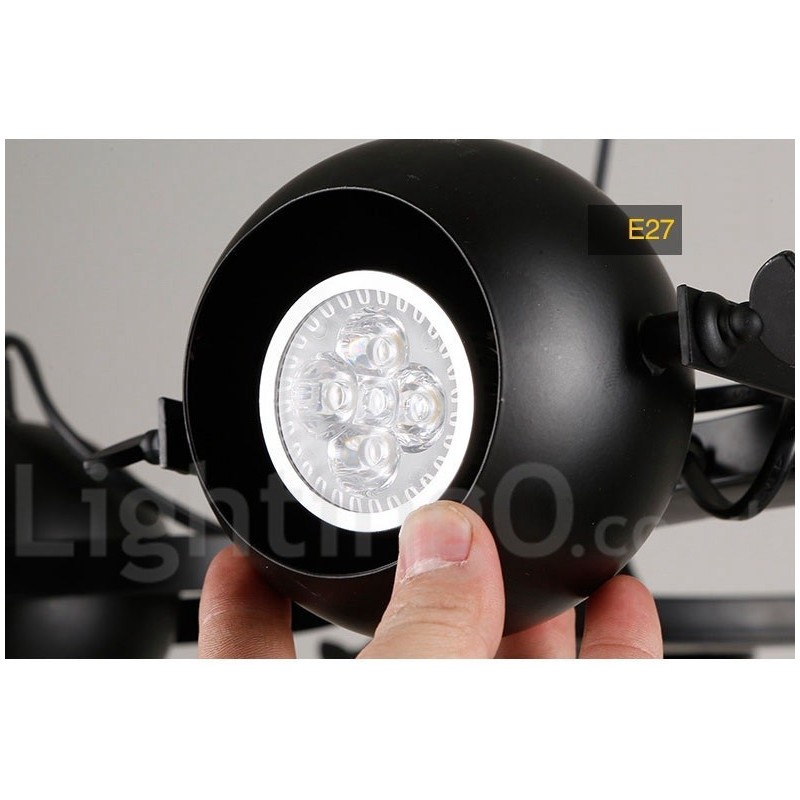 Lampada a sospensione vintage retrò in ferro nero 6 luci con paralumi a sfera in ferro nero 65x100 cm