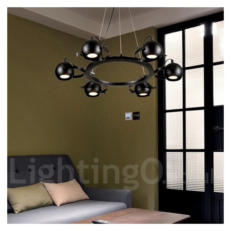 Lampada a sospensione vintage retrò in ferro nero 6 luci con paralumi a sfera in ferro nero 65x100 cm