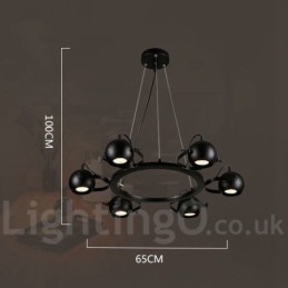 Lampada a sospensione vintage retrò in ferro nero 6 luci con paralumi a sfera in ferro nero 65x100 cm