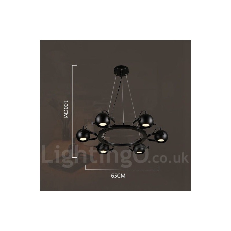 Lampada a sospensione vintage retrò in ferro nero 6 luci con paralumi a sfera in ferro nero 65x100 cm