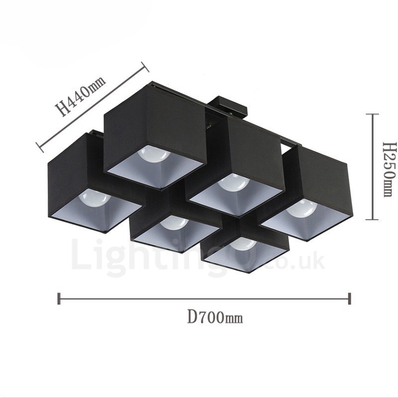 Plafoniera LED nera a filo 6 luci con paralumi in tessuto 70 x 44 x 25 cm