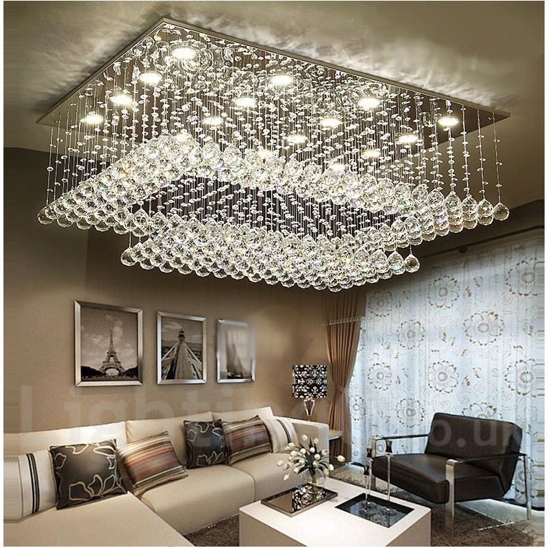 Lampadario da soffitto moderno in cristallo, 2 livelli, LED integrato, 100 x 70 x 40 cm