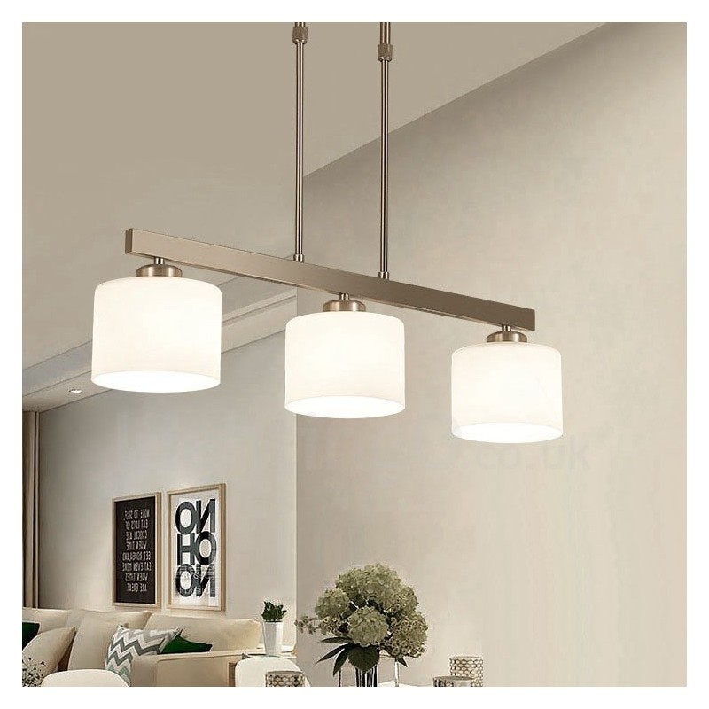Lampadario moderno cromato a sospensione 3 luci con paralumi in vetro