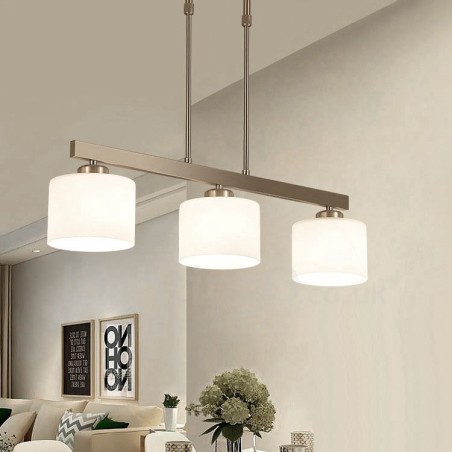 Lampadario moderno cromato a sospensione 3 luci con paralumi in vetro