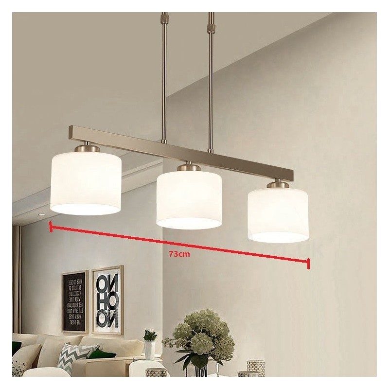 Lampadario moderno cromato a sospensione 3 luci con paralumi in vetro