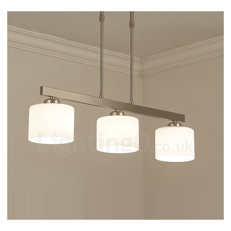 Lampadario moderno cromato a sospensione 3 luci con paralumi in vetro