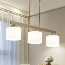 Lampadario moderno cromato a sospensione 3 luci con paralumi in vetro