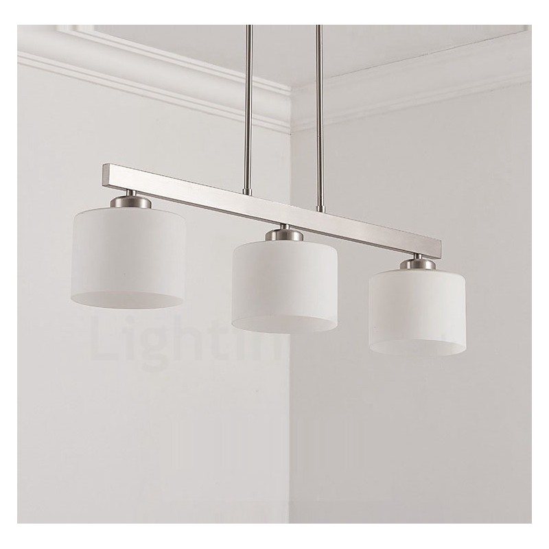 Lampadario moderno cromato a sospensione 3 luci con paralumi in vetro