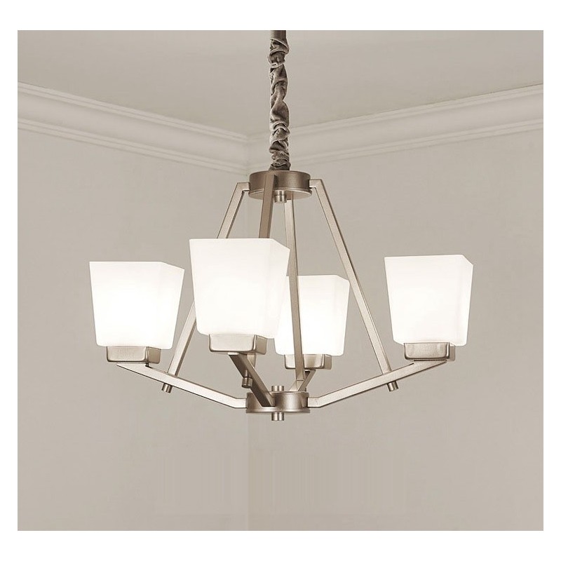 Lampadario a sospensione cromato 4 luci con paralumi in vetro