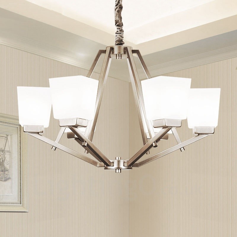 Lampadario a sospensione cromato a 6 luci con paralumi in vetro