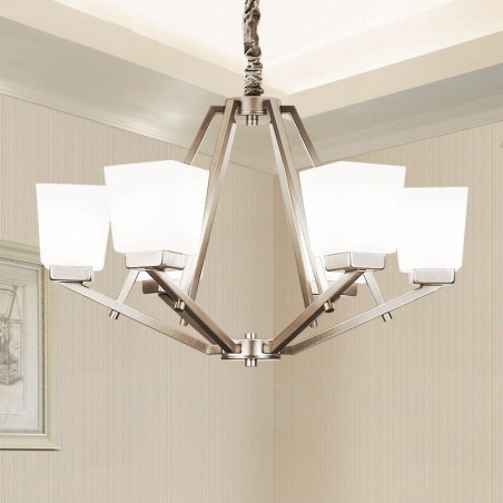 Lampadario a sospensione cromato a 6 luci con paralumi in vetro