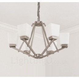 Lampadario a sospensione cromato a 6 luci con paralumi in vetro