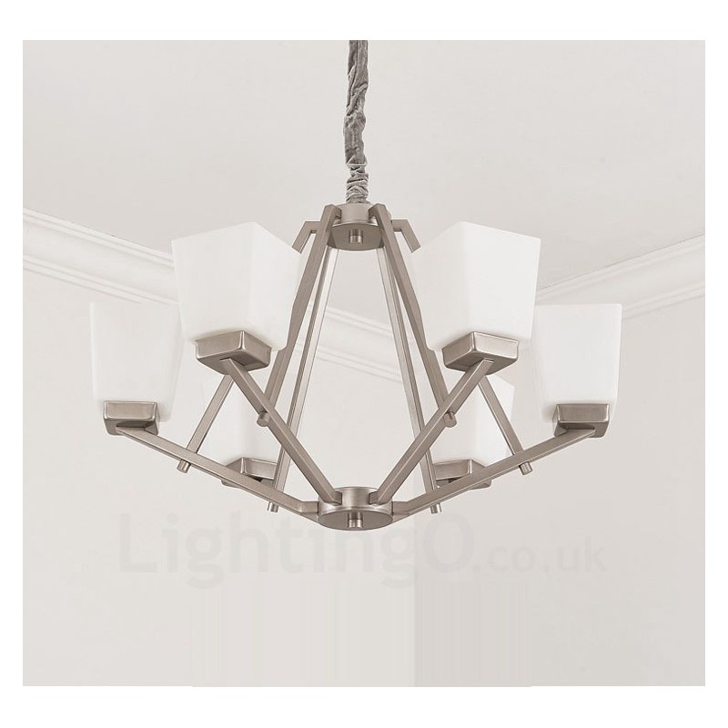 Lampadario a sospensione cromato a 6 luci con paralumi in vetro